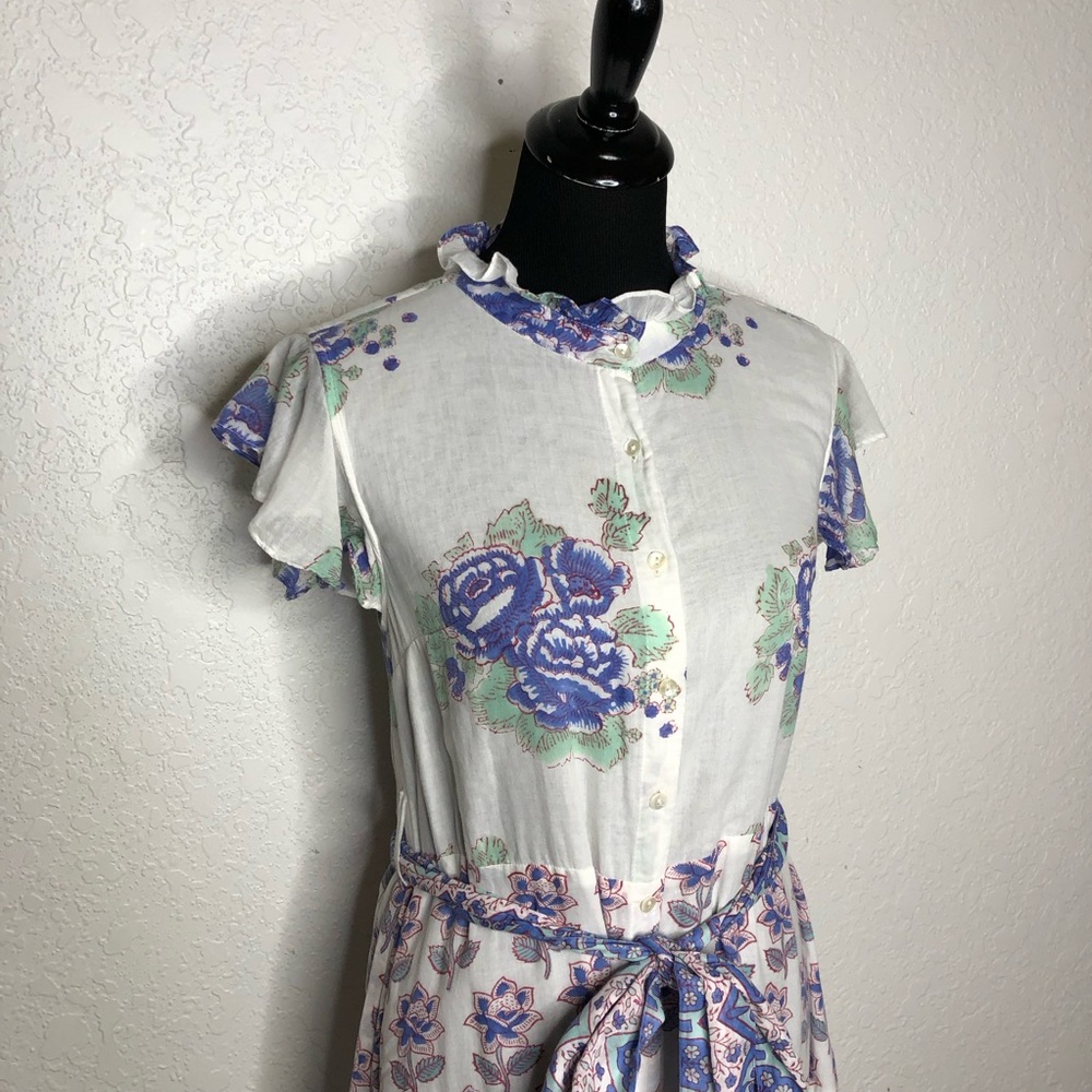 Oliphant Portofino white blue floral button front ruffle trim maxi dress Small - Picture 3 of 16